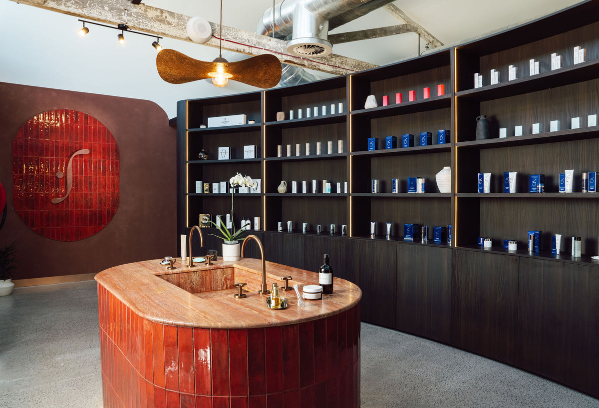 The skincare bar and shelves at FutureSkin, Rosebery